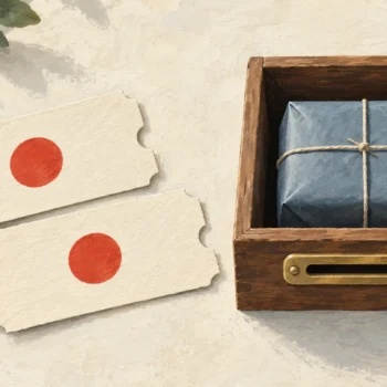 Two cream tickets with matching red circles sit beside one blue parcel in a wooden compartment.