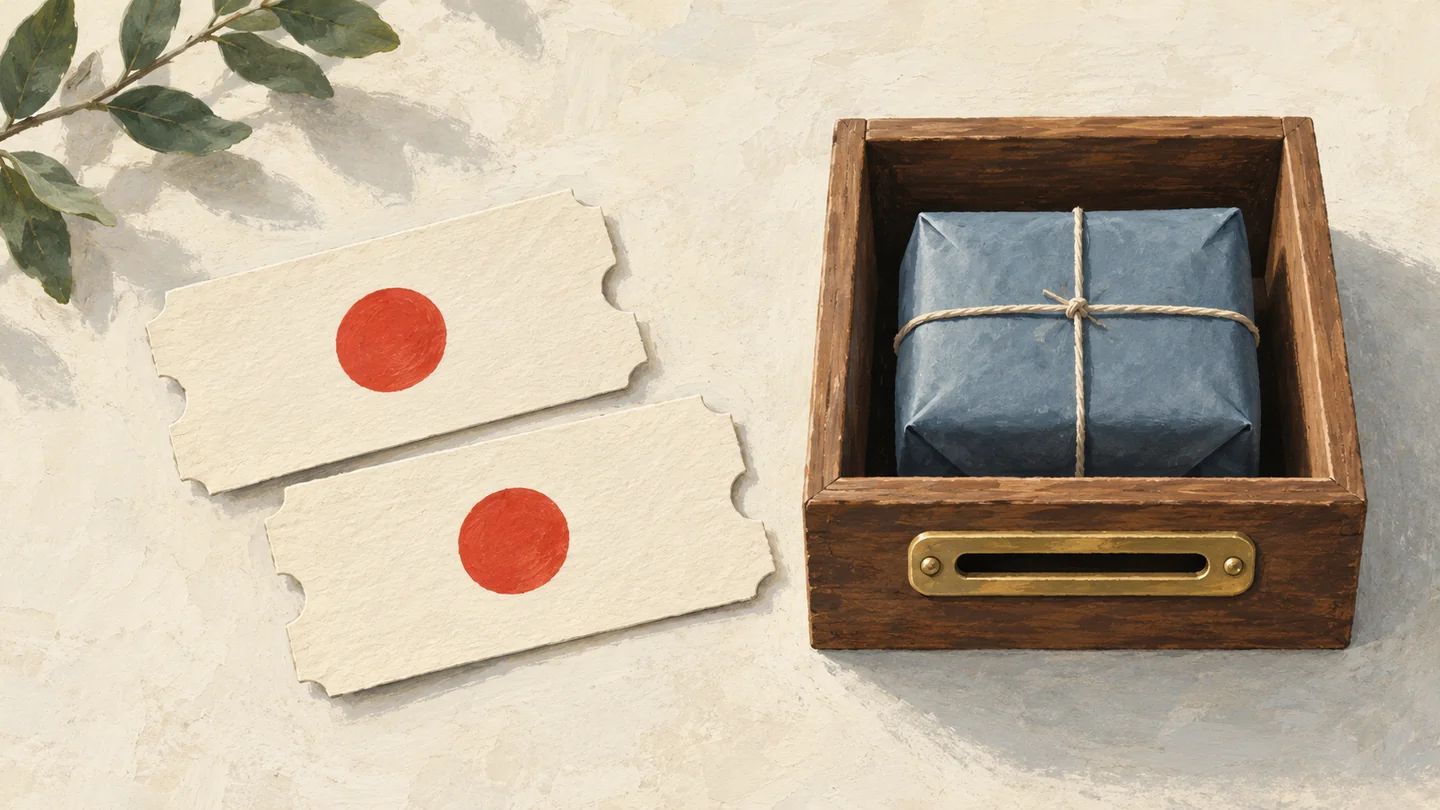 Two cream tickets with matching red circles sit beside one blue parcel in a wooden compartment.