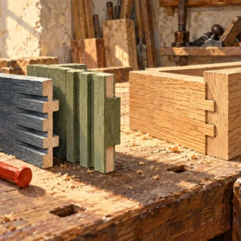 A gouache joinery bench contrasts incompatible grooved pieces with a smoothly matched pair, beside a red checking peg.