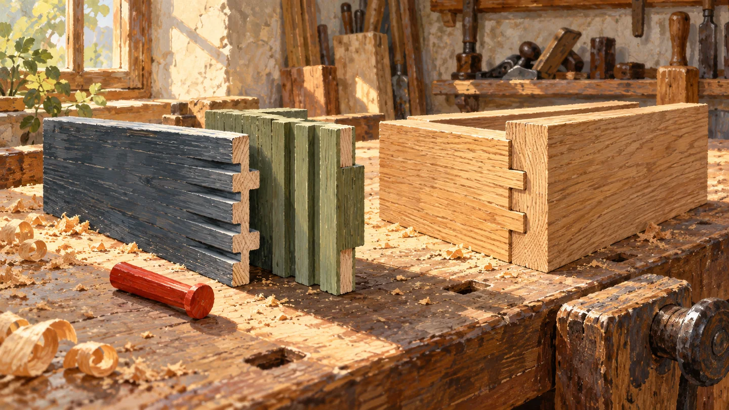 A gouache joinery bench contrasts incompatible grooved pieces with a smoothly matched pair, beside a red checking peg.