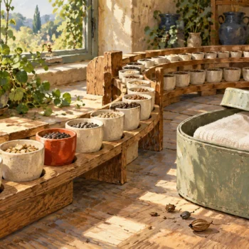 A selected red cup marks one position within a continuous seasonal storage sequence.