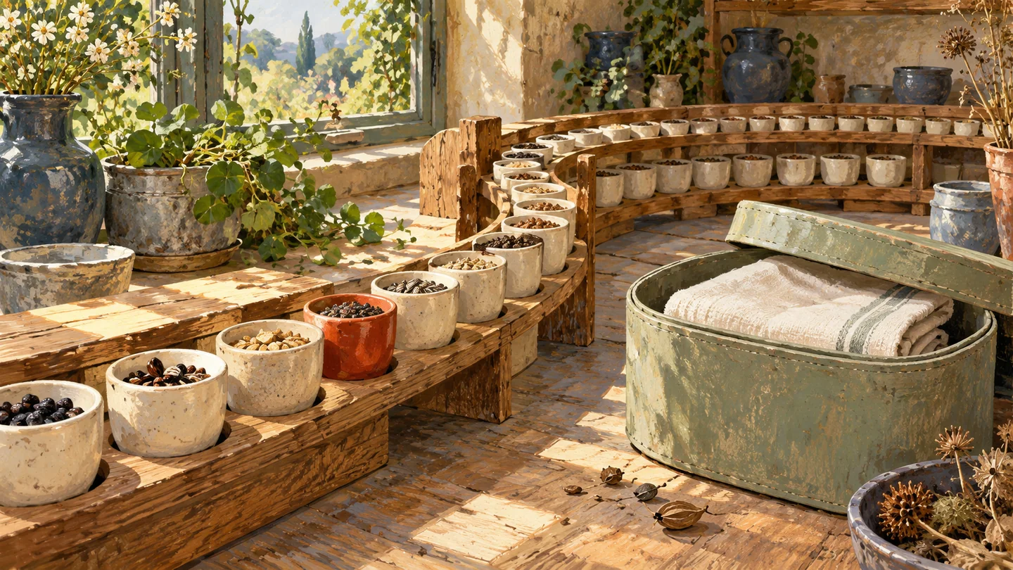 A selected red cup marks one position within a continuous seasonal storage sequence.