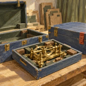 A gouache instrument room shows a fitted mechanism tray lifted from one case beside a prepared matching case.