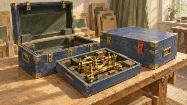 A gouache instrument room shows a fitted mechanism tray lifted from one case beside a prepared matching case.