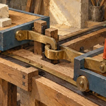 Two crossing wooden carriages mutually engage each other's stops through a closed interlock.