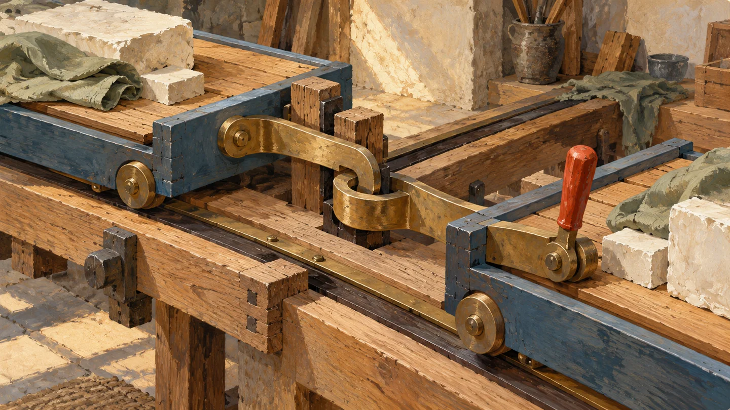 Two crossing wooden carriages mutually engage each other's stops through a closed interlock.