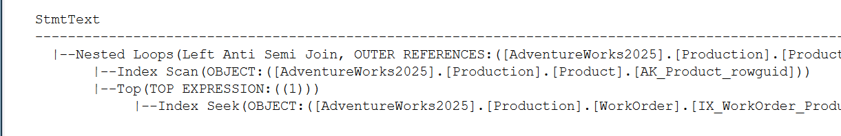 SSMS text plan on AdventureWorks2025 showing Nested Loops (Left Anti Semi Join)