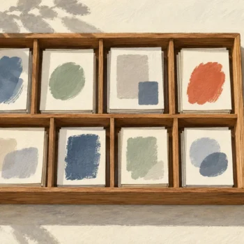 A wooden sorting tray holds separate evidence cards beside a folded ruler and a red pencil.