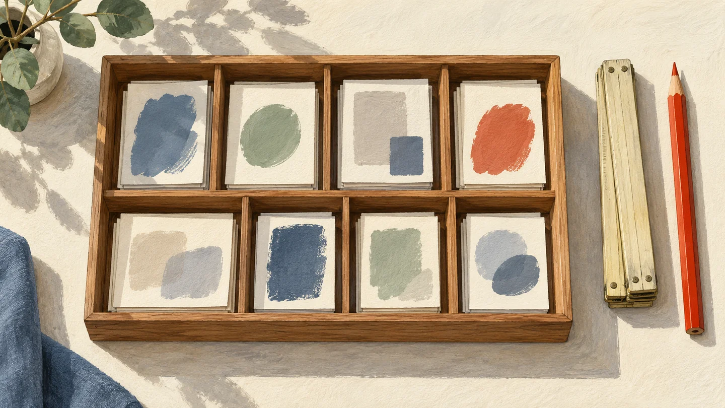A wooden sorting tray holds separate evidence cards beside a folded ruler and a red pencil.