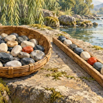 A gouache river ledge contrasts loosely stored pebbles with a row held by an explicit wooden guide.
