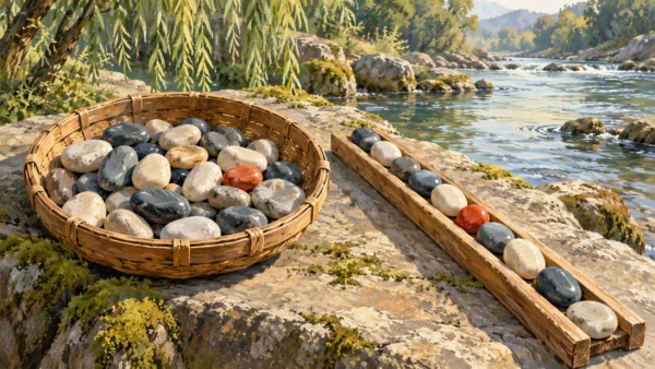 A gouache river ledge contrasts loosely stored pebbles with a row held by an explicit wooden guide.