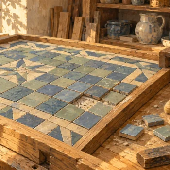 A sunlit gouache workshop shows a localized repair within an otherwise orderly ceramic inlay panel.