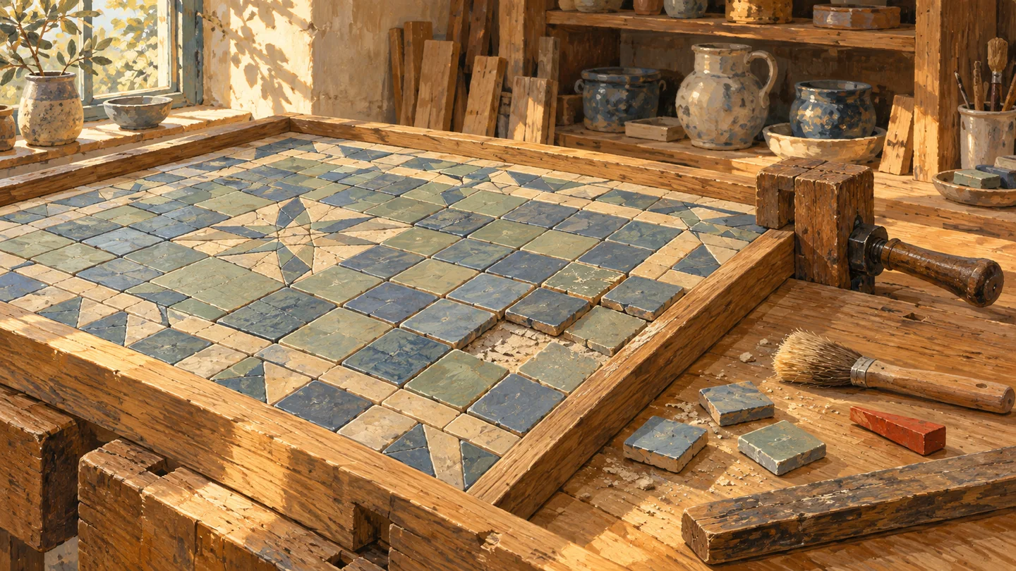 A sunlit gouache workshop shows a localized repair within an otherwise orderly ceramic inlay panel.