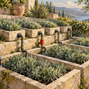 A gouache terraced garden links smaller planting modules to a larger supporting terrace through visible fittings.
