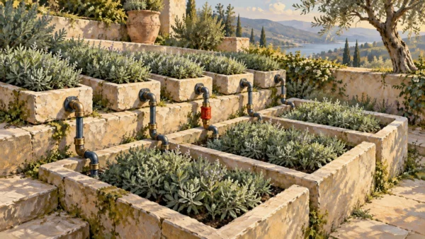 A gouache terraced garden links smaller planting modules to a larger supporting terrace through visible fittings.