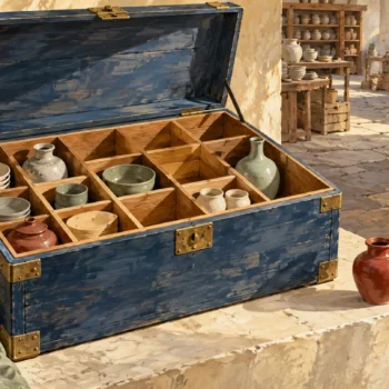 An open storage chest has empty internal compartments within a separate surrounding storeroom.