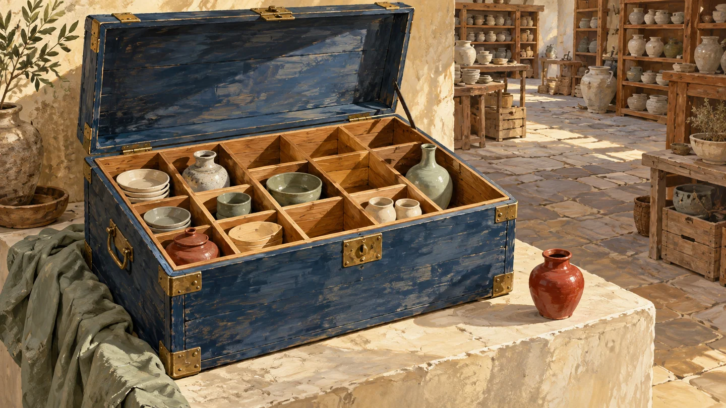 An open storage chest has empty internal compartments within a separate surrounding storeroom.