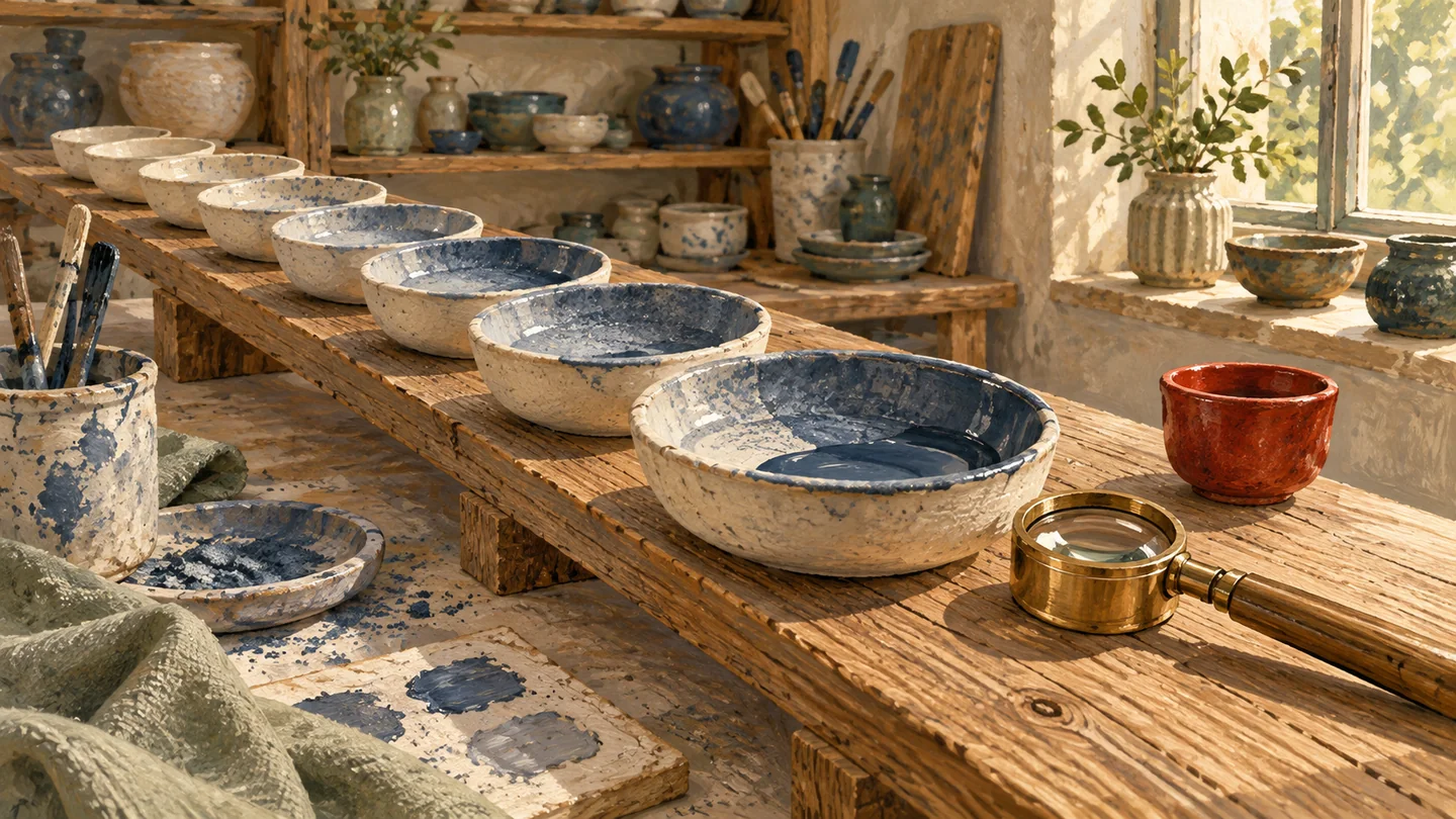 A sequence of glaze samples recedes along a rack beside an inspection lens.