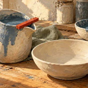 A red stop rests across a filled pitcher beside an empty receiving bowl.