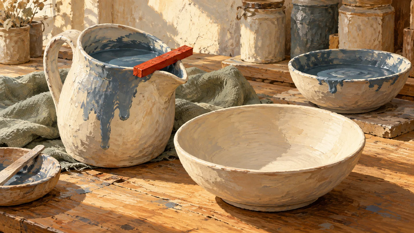 A red stop rests across a filled pitcher beside an empty receiving bowl.