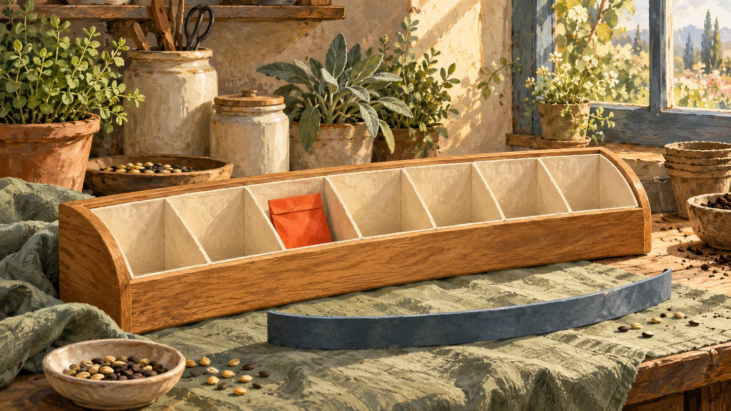 An unmarked seven-compartment organizer sits beside a movable grouping boundary.