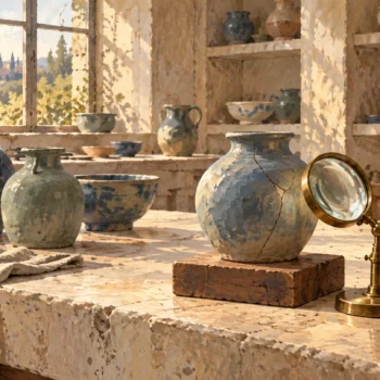 A gouache inspection bench preserves one cracked ceramic vessel separately from intact vessels beside an inspection lens.