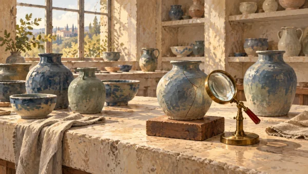 A gouache inspection bench preserves one cracked ceramic vessel separately from intact vessels beside an inspection lens.