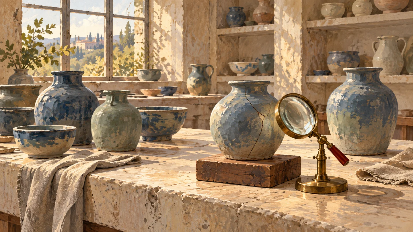 A gouache inspection bench preserves one cracked ceramic vessel separately from intact vessels beside an inspection lens.