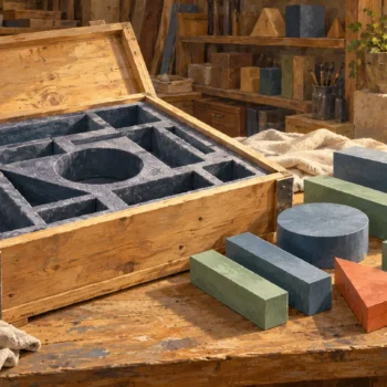 A gouache packing workshop pairs an open fitted framework with the matching solid pieces needed to fill it.