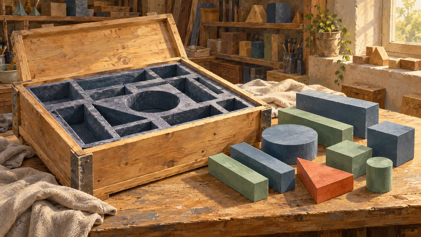 A gouache packing workshop pairs an open fitted framework with the matching solid pieces needed to fill it.