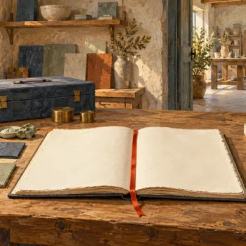 A blank planning folio gathers materials and inspection tools before work begins in the adjoining studio.
