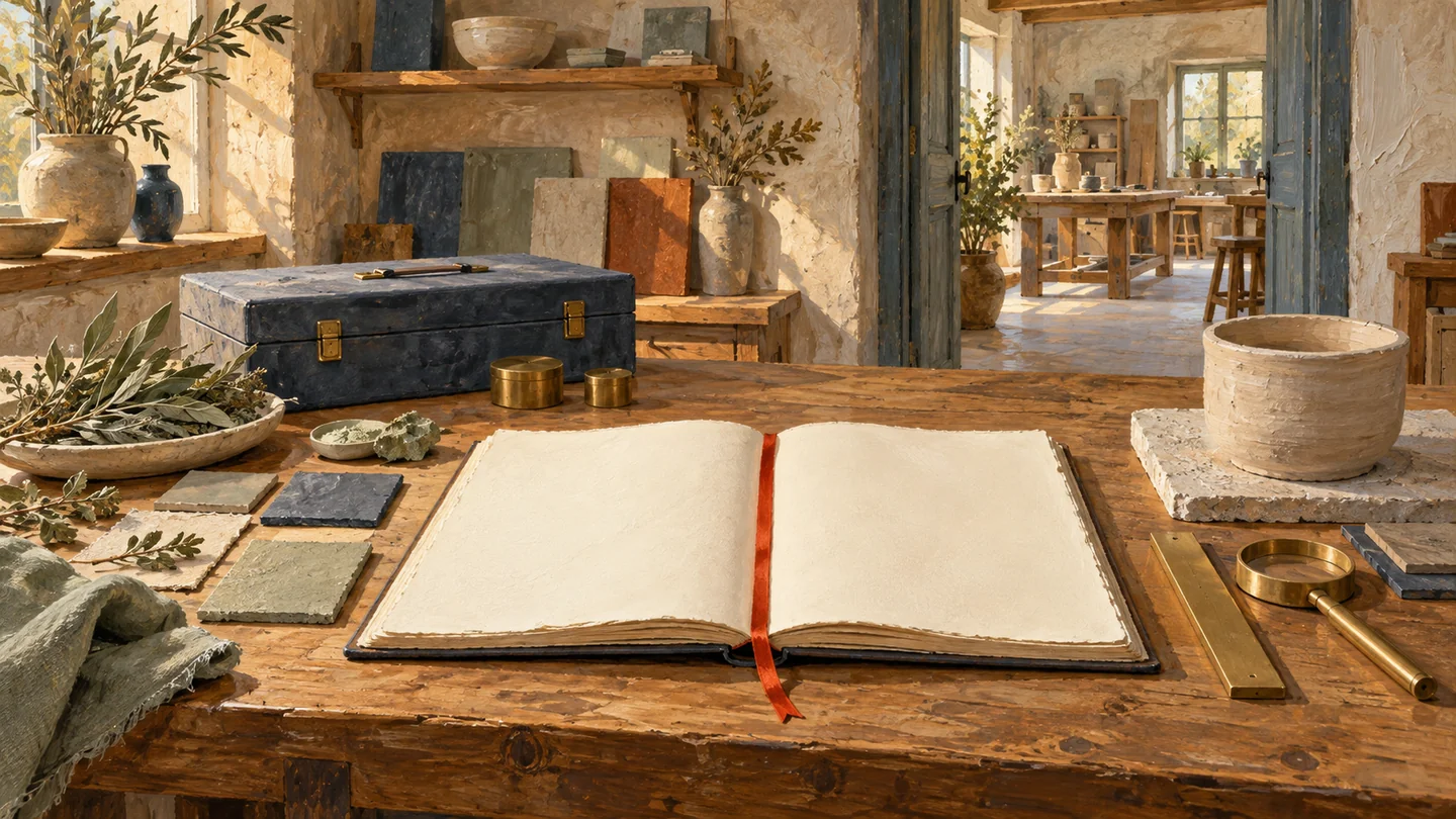 A blank planning folio gathers materials and inspection tools before work begins in the adjoining studio.