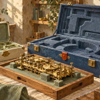 A protected mechanism awaits fit checks beside two differently fitted instrument cases.