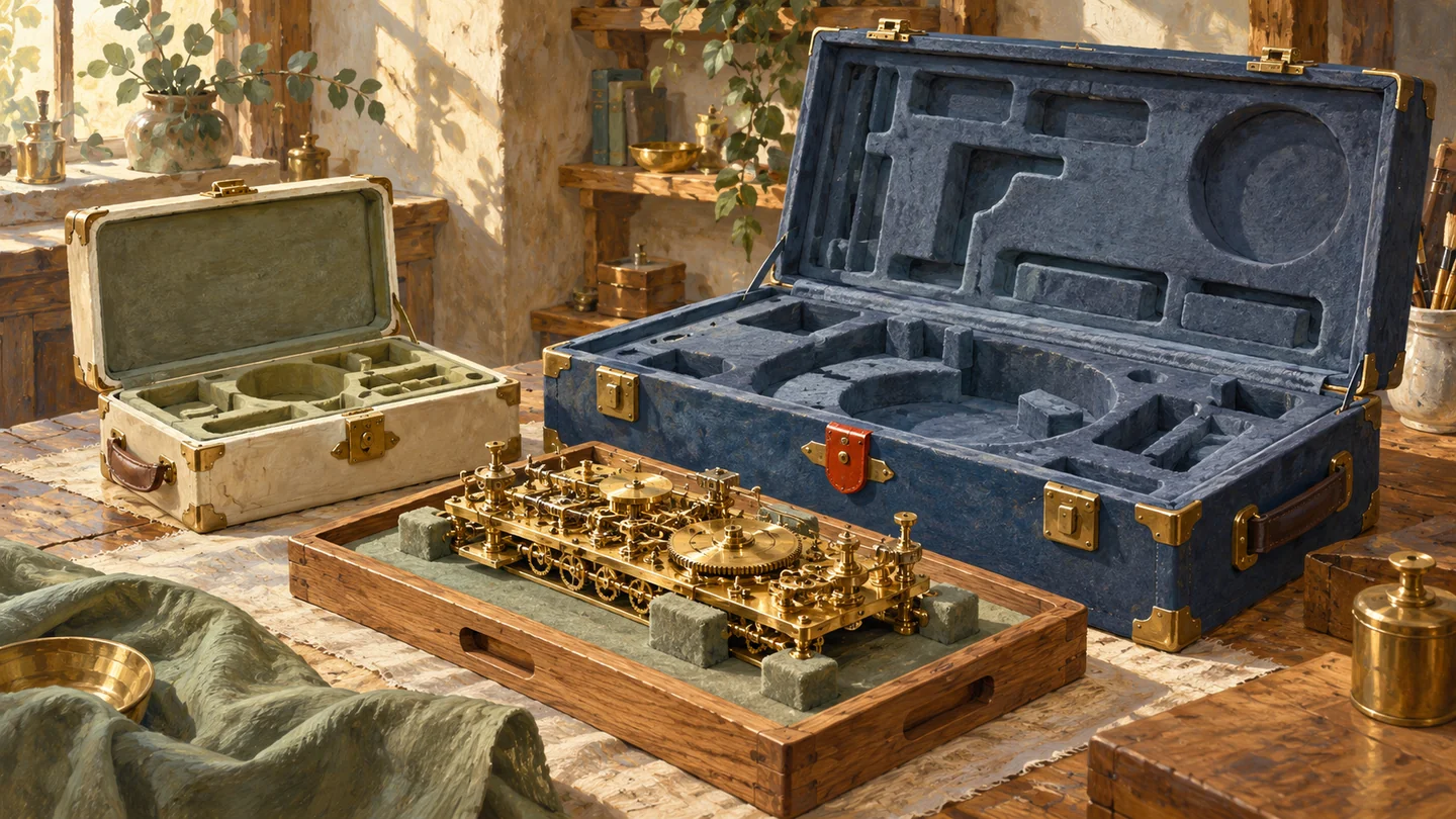 A protected mechanism awaits fit checks beside two differently fitted instrument cases.