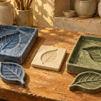 One leaf-impressed tile sits between two different interpretation templates.