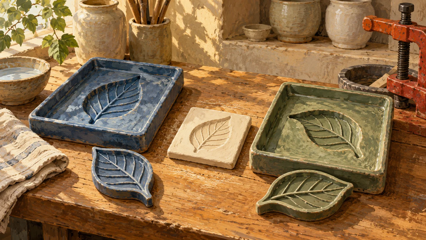 One leaf-impressed tile sits between two different interpretation templates.