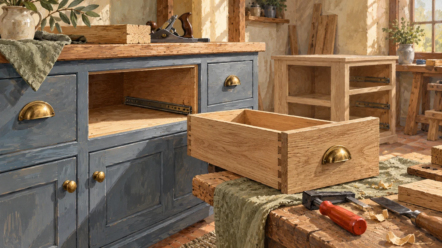 A fitted drawer can update an intact cabinet or complete a prepared new frame.