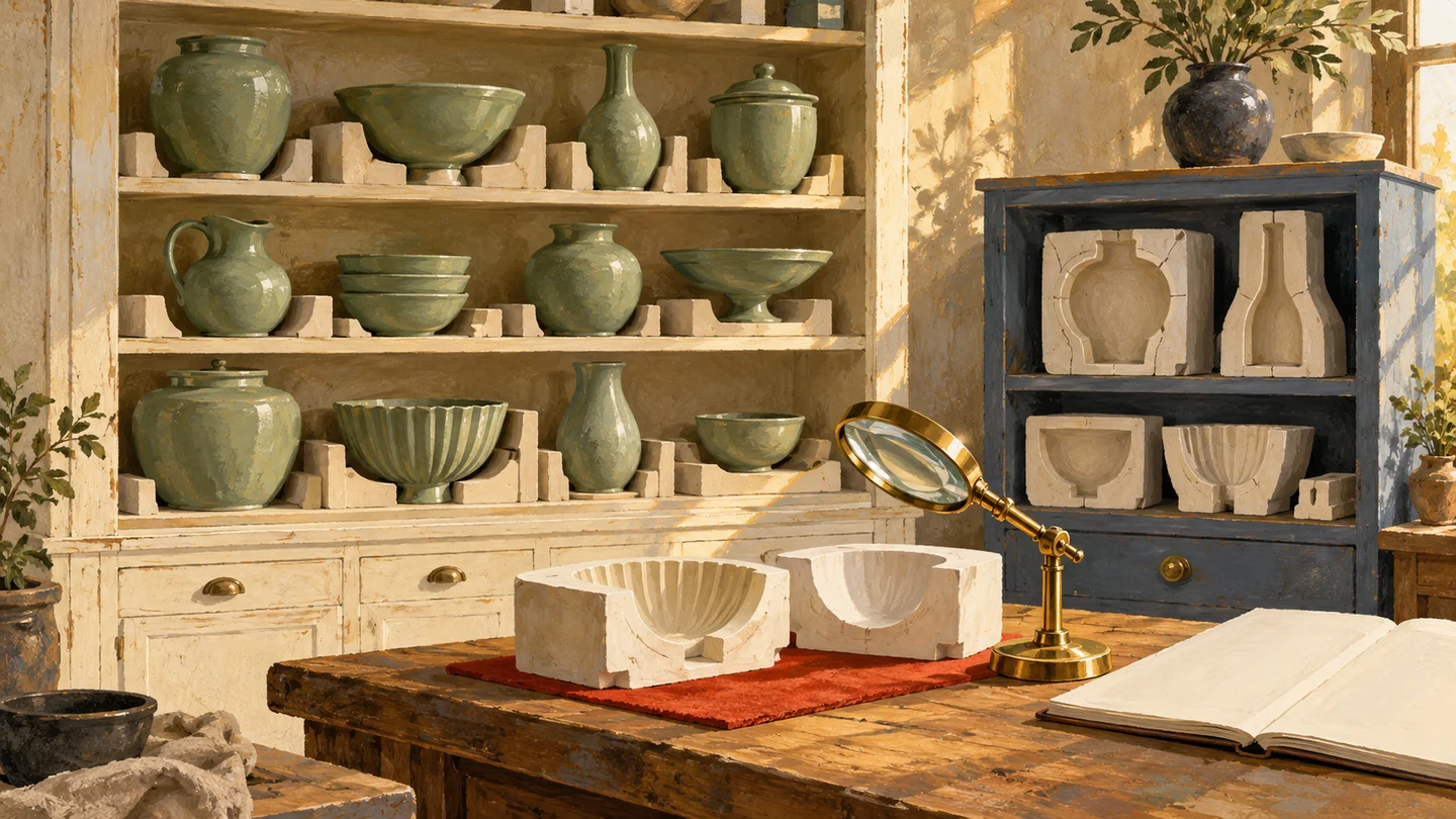 A diagnostic cabinet preserves empty molds while the finished vessels remain in the source cabinet.