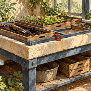 A gouache greenhouse station combines removable seed trays with a fixed supporting frame and a red retaining latch.