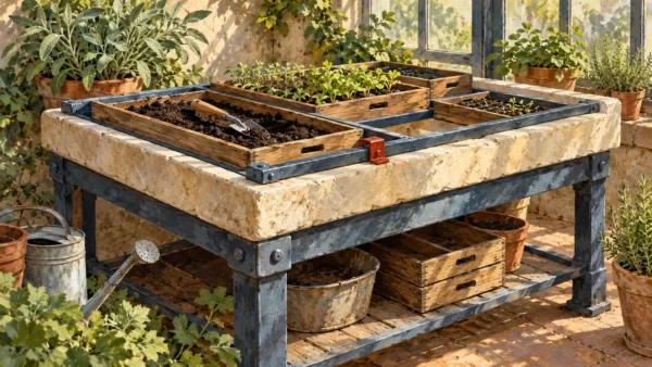 A gouache greenhouse station combines removable seed trays with a fixed supporting frame and a red retaining latch.