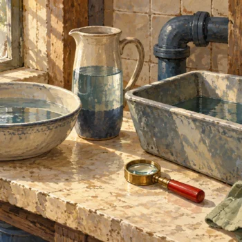 A gouache inspection shed displays differently shaped vessels and their current fill levels beside a small lens.