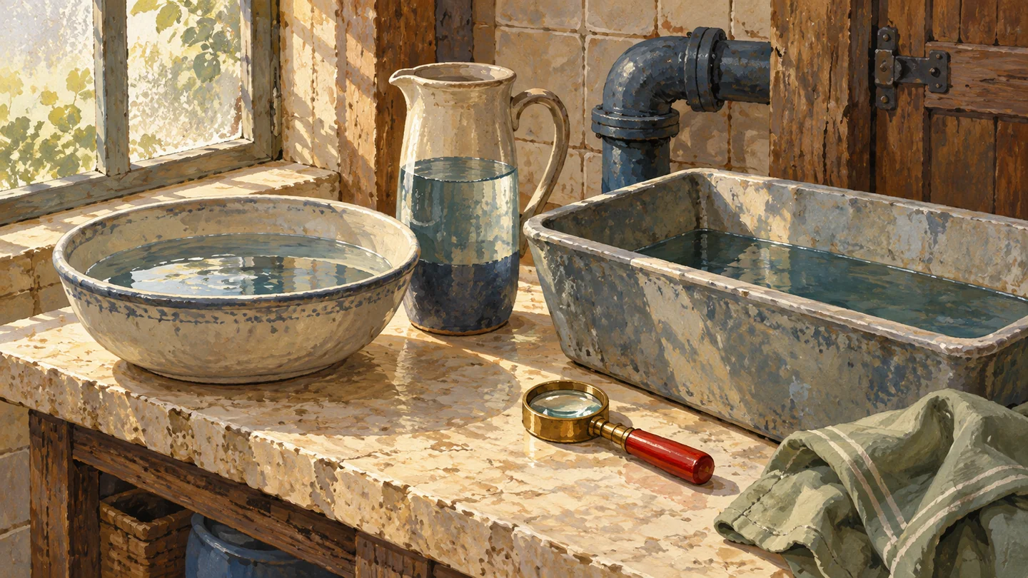 A gouache inspection shed displays differently shaped vessels and their current fill levels beside a small lens.