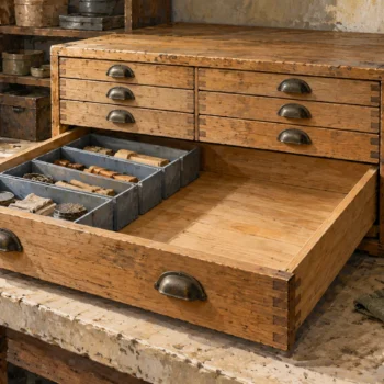 A gouache cabinet shows usable space reclaimed inside an unchanged drawer, with removed dividers set aside.