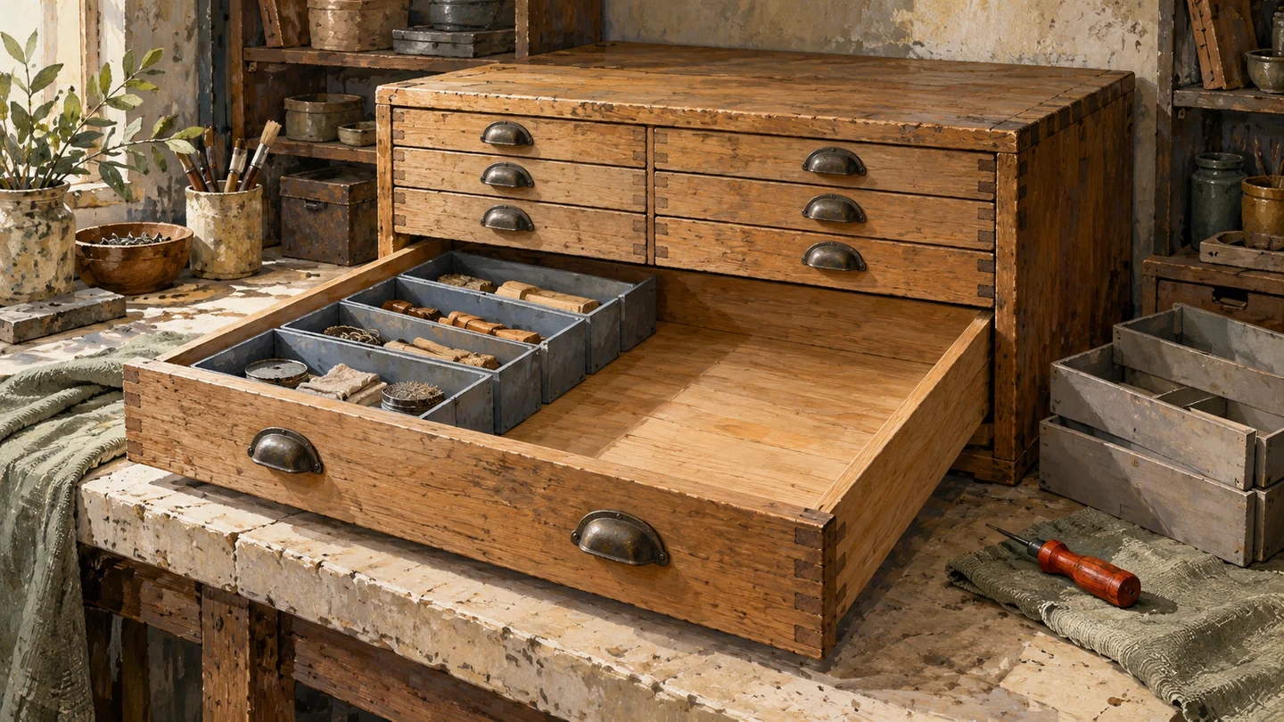 A gouache cabinet shows usable space reclaimed inside an unchanged drawer, with removed dividers set aside.