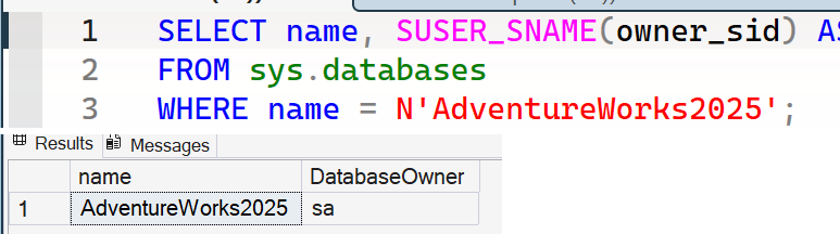 SSMS query and result showing AdventureWorks2025 owned by sa
