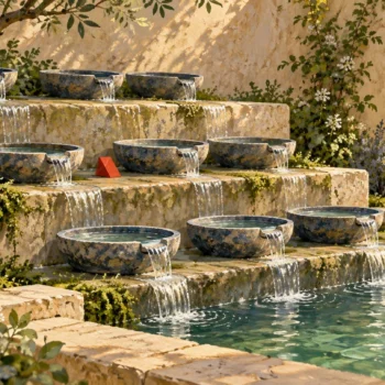 A gouache water garden groups matching bowls on three distinct terrace levels, with a red wedge at the middle shelf.