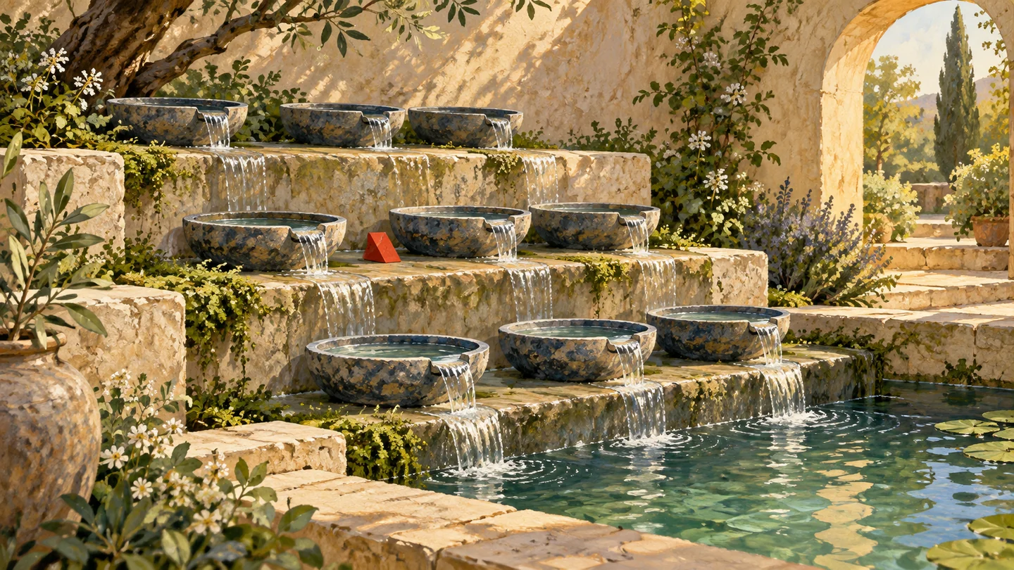 A gouache water garden groups matching bowls on three distinct terrace levels, with a red wedge at the middle shelf.