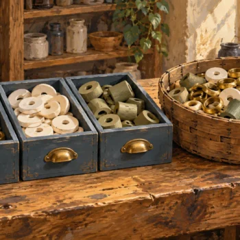Distinct fitting drawers stand beside a mixed basket, separating organization from how pieces are retrieved.