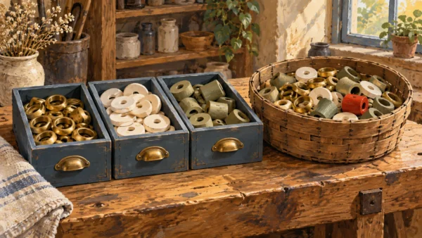 Distinct fitting drawers stand beside a mixed basket, separating organization from how pieces are retrieved.