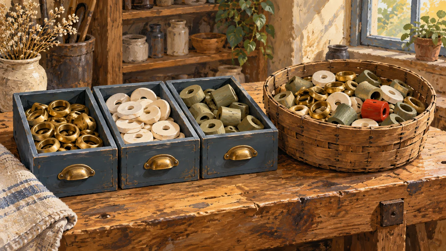 Distinct fitting drawers stand beside a mixed basket, separating organization from how pieces are retrieved.